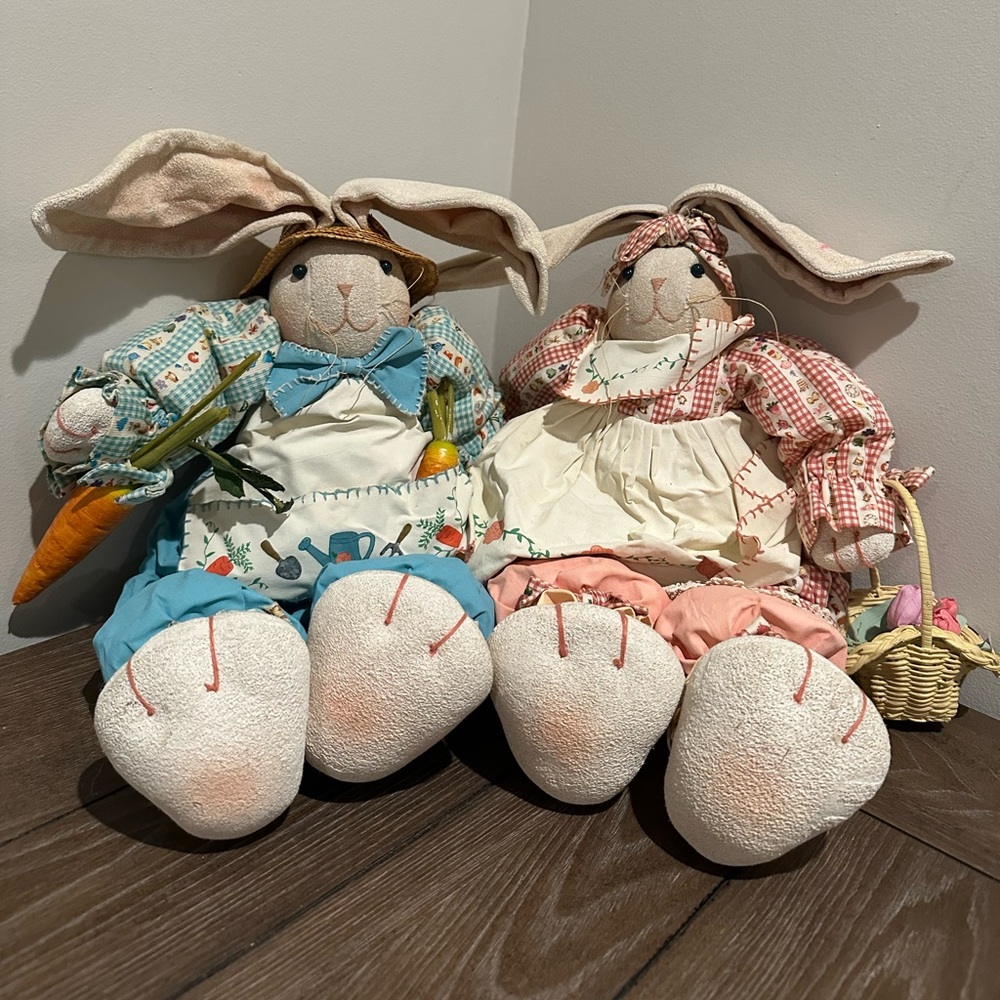 Vintage 1990s Shelf Sitting Easter Bunny Rabbit Family Dolls set of 2 Spring